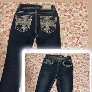 Bedazzled pockets high rise boot cut dark wash jeans